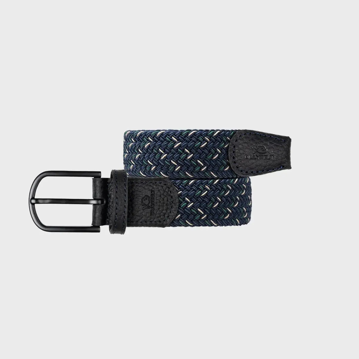 Ceinture tressée Knokke enroulée : tressage bleu marine ponctué d'écru et de vert sapin, boucle et embouts noirs