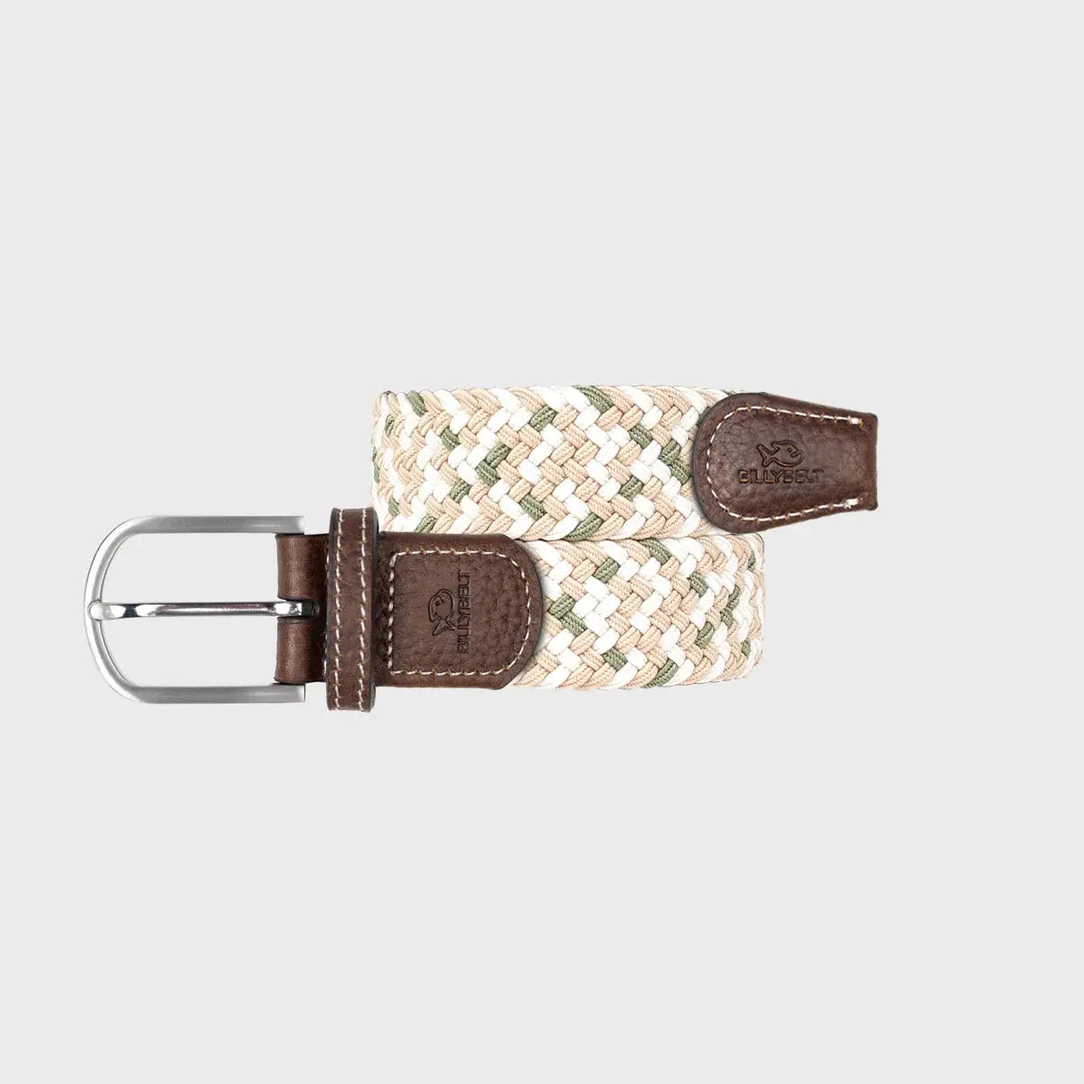 Ceinture tressée Marrakech enroulée à plat, tresse sable, écru et vert sauge, embouts en cuir marron.