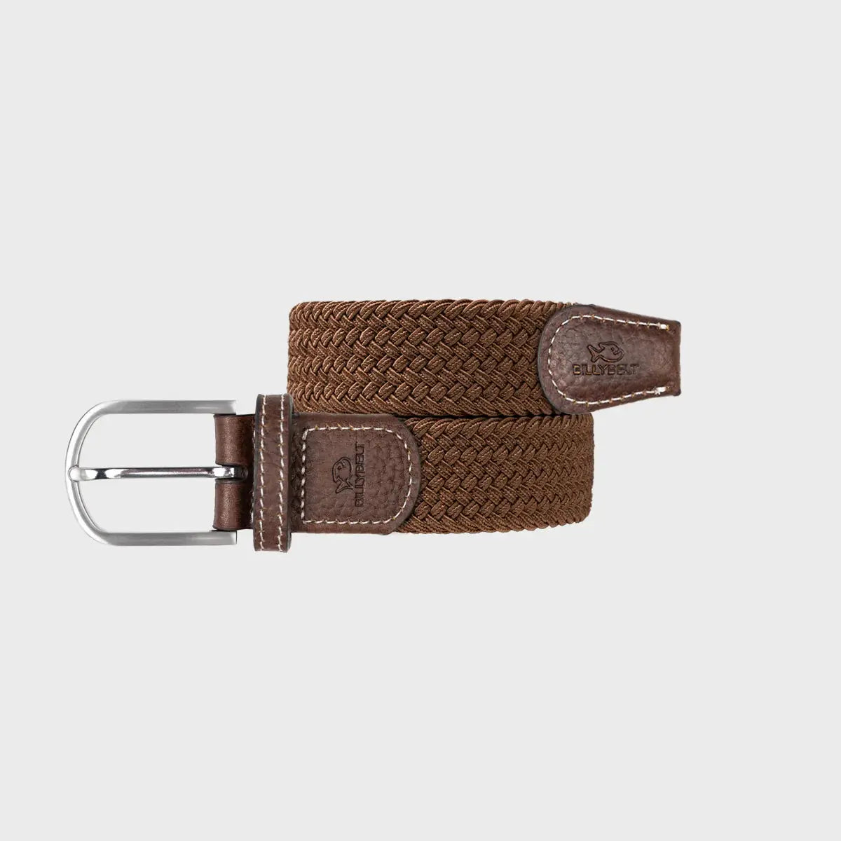 Ceinture tressée Marron Caramel enroulée : tressage uni fauve caramel, boucle argentée et embouts de cuir marron