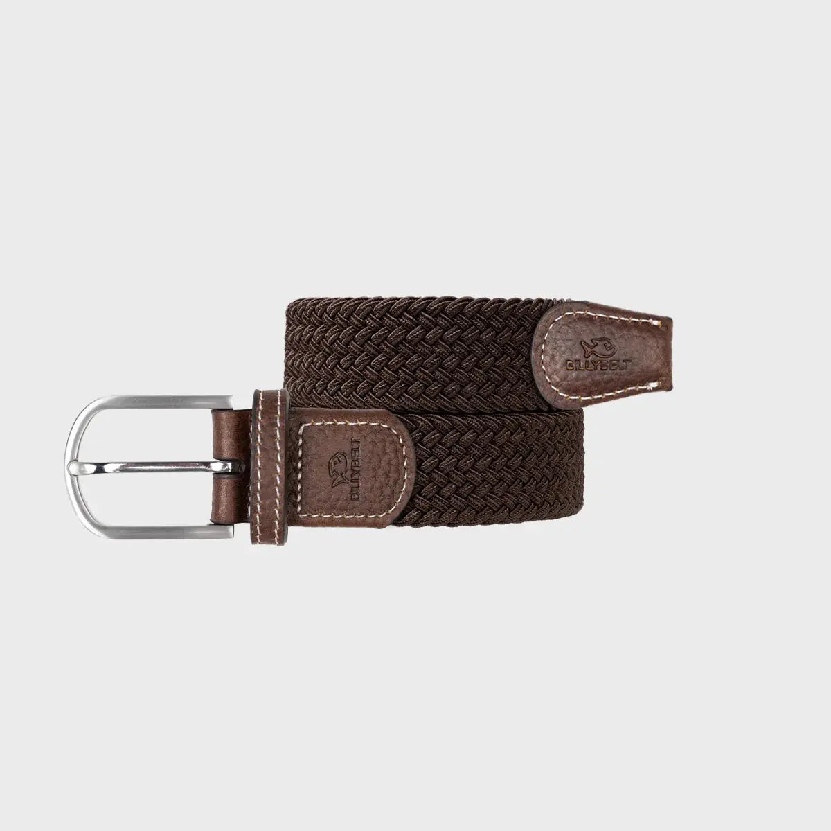 Ceinture tressée Marron Feuille enroulée : tressage uni brun chocolat très foncé, boucle argentée, embouts marron