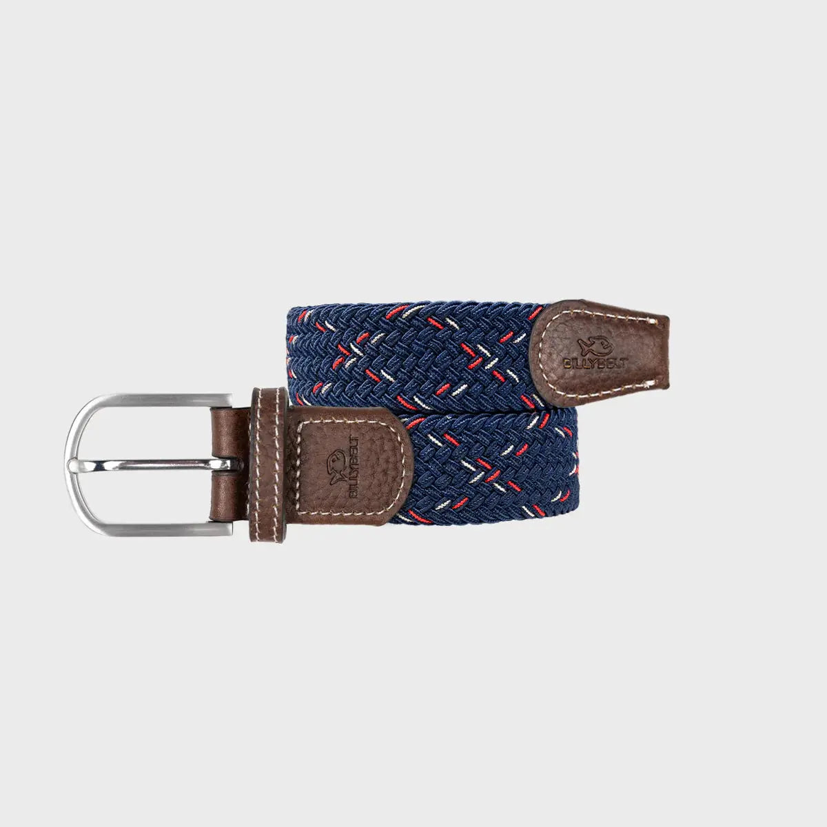 Ceinture tressée Oxford enroulée : fond bleu marine piqué de rouge et de blanc, boucle argentée et embouts marron