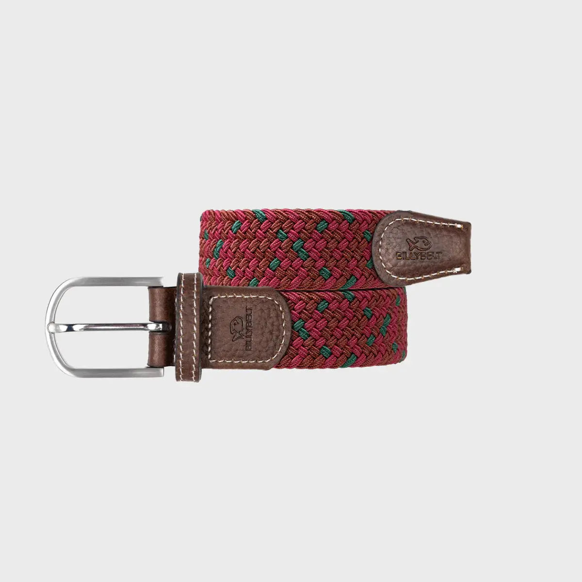 Ceinture tressée Pékin enroulée : fils framboise et brique entrelacés, touches de vert sapin, boucle argentée