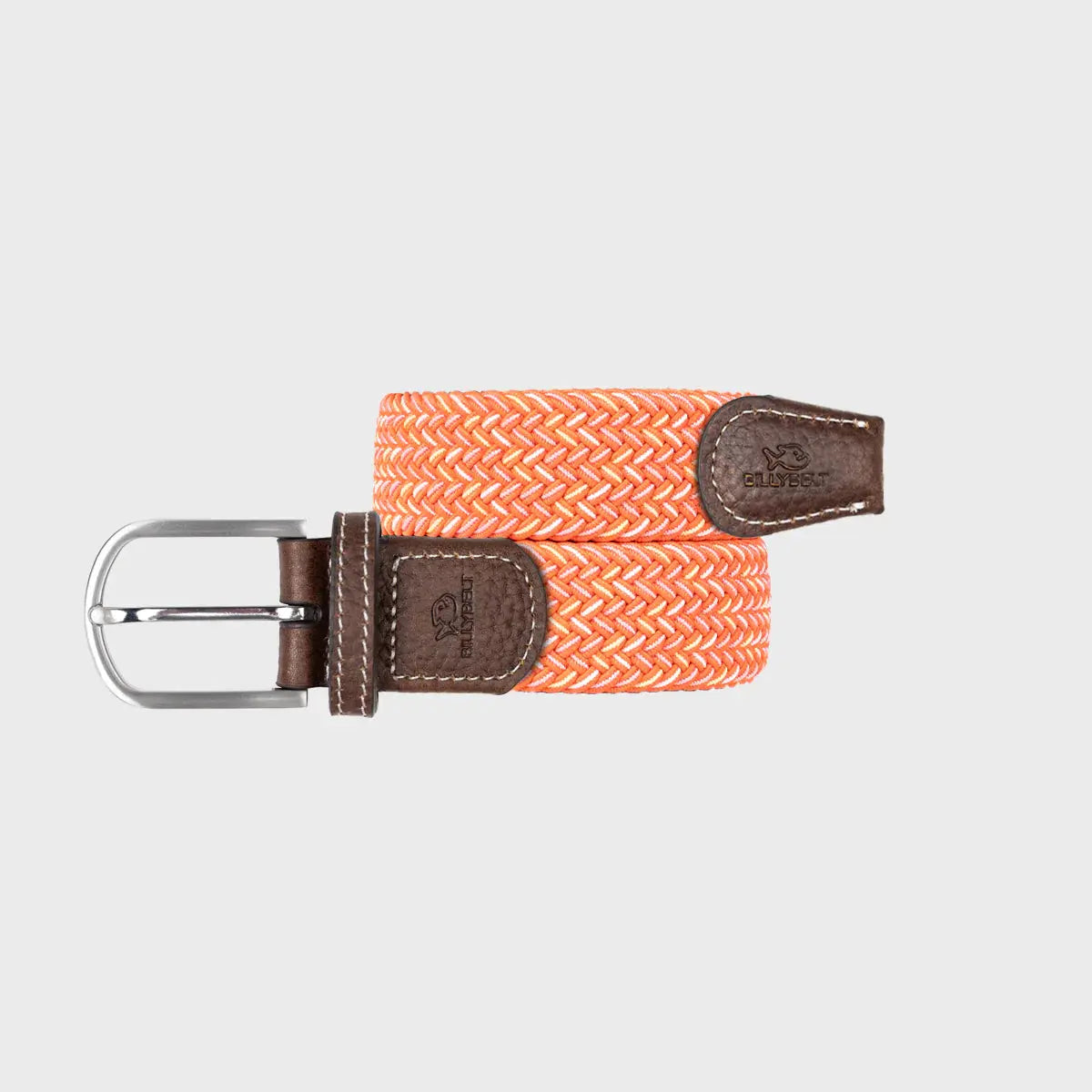 Ceinture tressée Soller enroulée à plat, tresse élastique corail, saumon et jaune pâle, embouts en cuir marron.