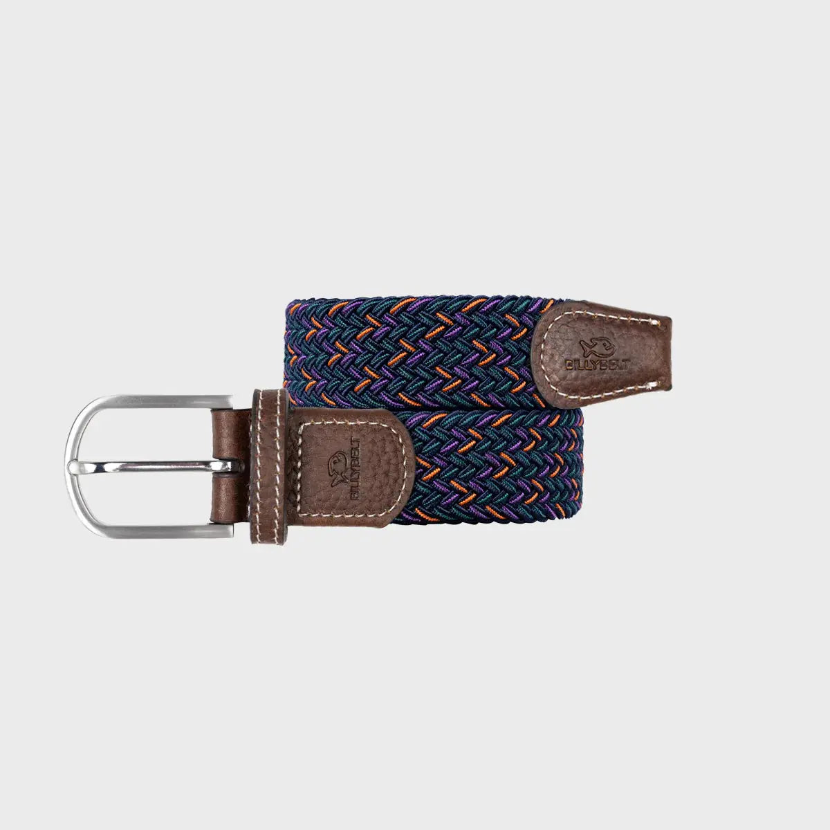 Ceinture tressée Varsovie enroulée : fond bleu marine traversé de vert canard, de violet et d'orange, boucle argentée