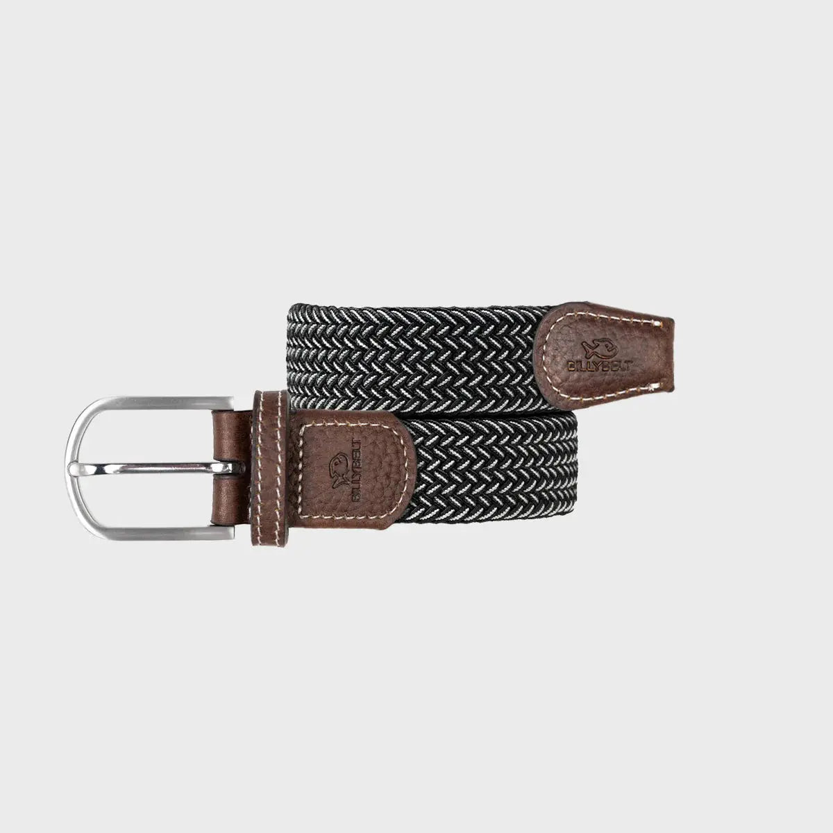 Ceinture tressée Vienne enroulée : tressage chevron noir et blanc très contrasté, boucle argentée, embouts marron