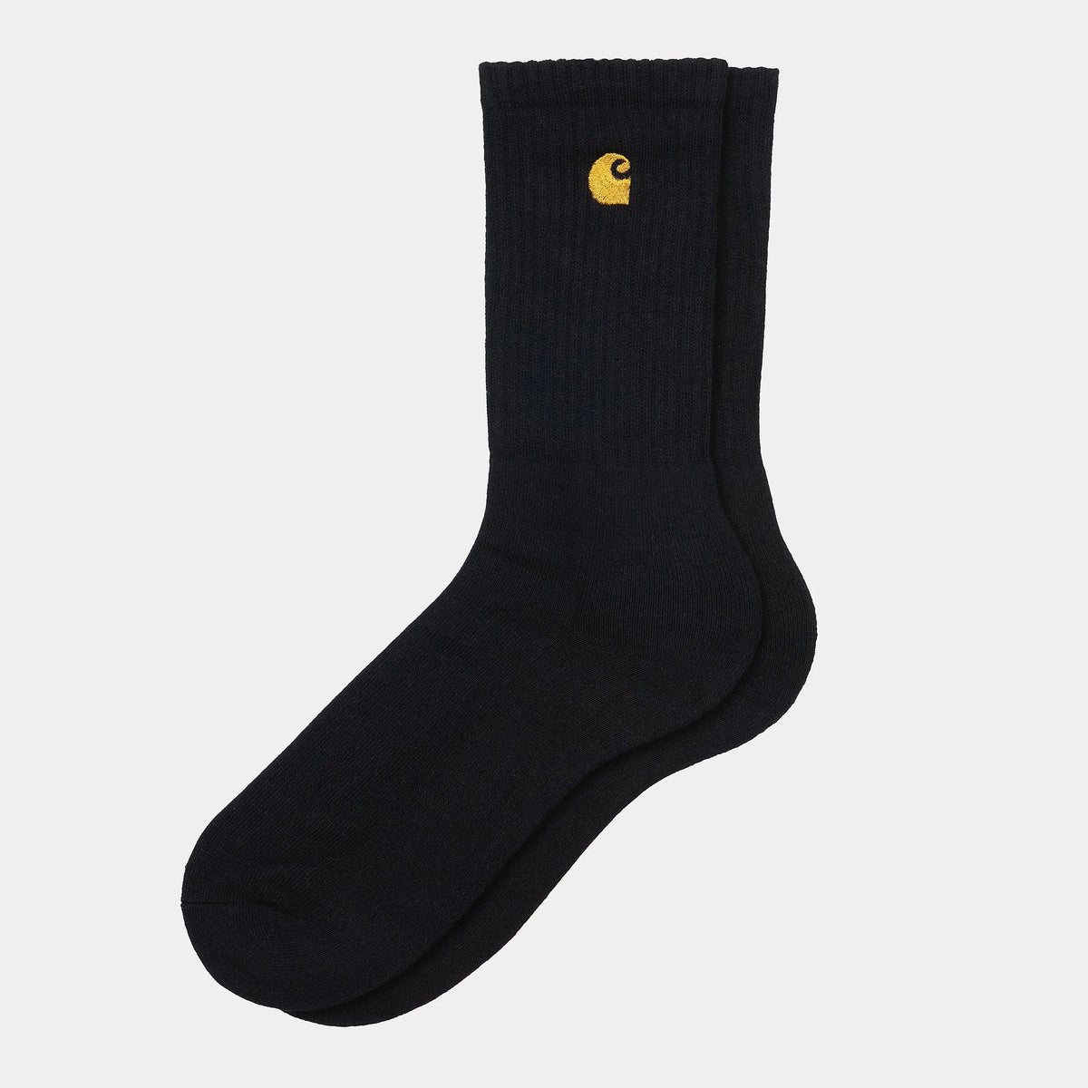 Chaussettes Chase noires à plat, tige côtelée montant au mollet, bord-côte et logo C brodé fil doré contrastant
