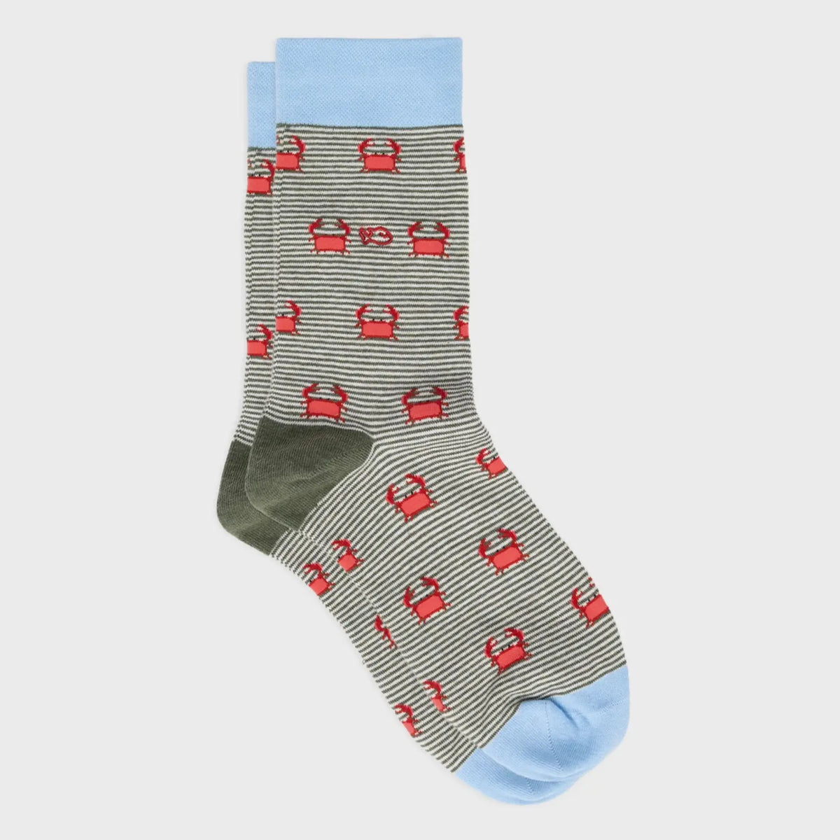Chaussettes Billybelt à motif crabes rouges sur fines rayures kaki, paire à plat