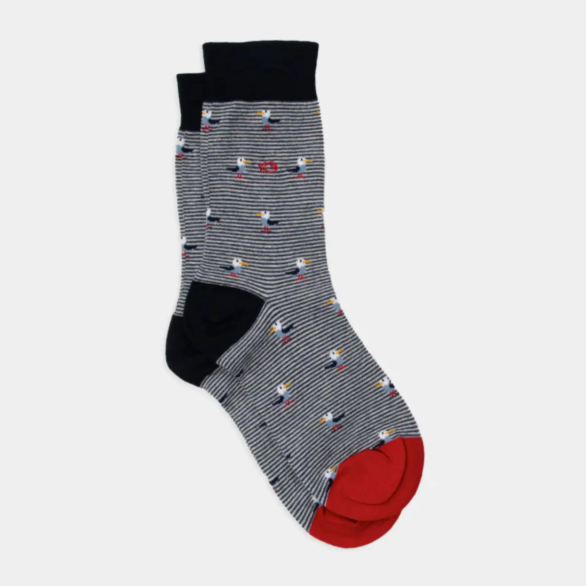 Chaussettes Billybelt à motif goélands sur fines rayures noires et blanches, paire à plat