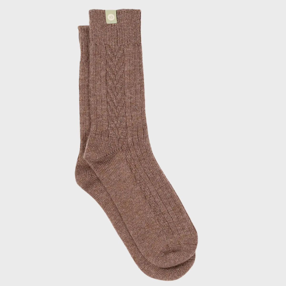 Chaussettes BillyBelt en laine marron chiné à plat, côtes larges, damier tricoté et étiquette vert olive