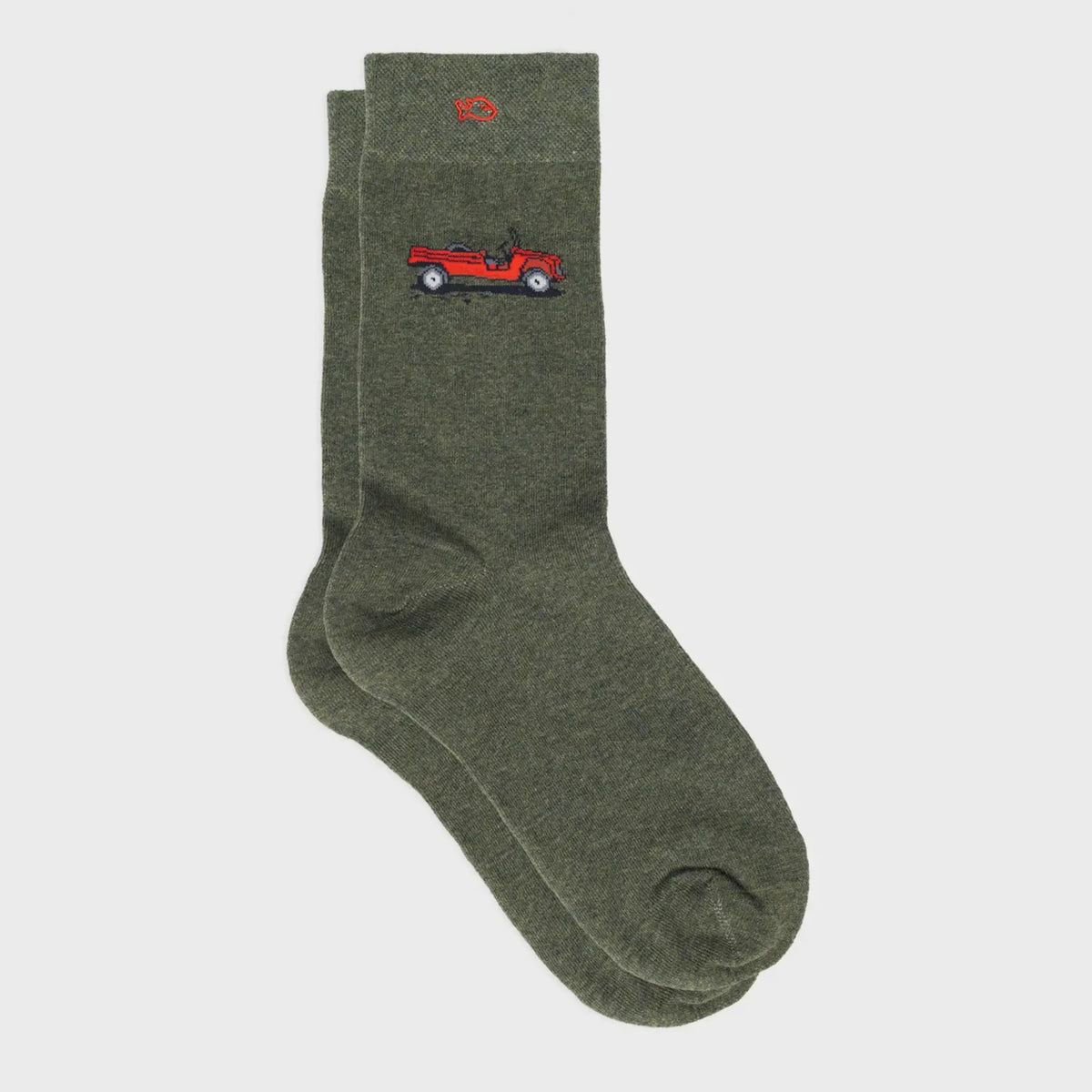 Chaussettes BillyBelt vert kaki chiné à plat, Méhari rouge tissée sur la tige et petit poisson rouge au bord