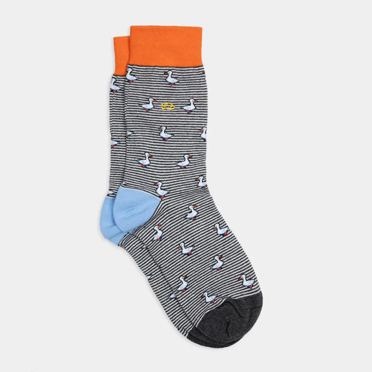 Chaussettes Billybelt à motif oies sur fines rayures, bord-côte orange, paire à plat