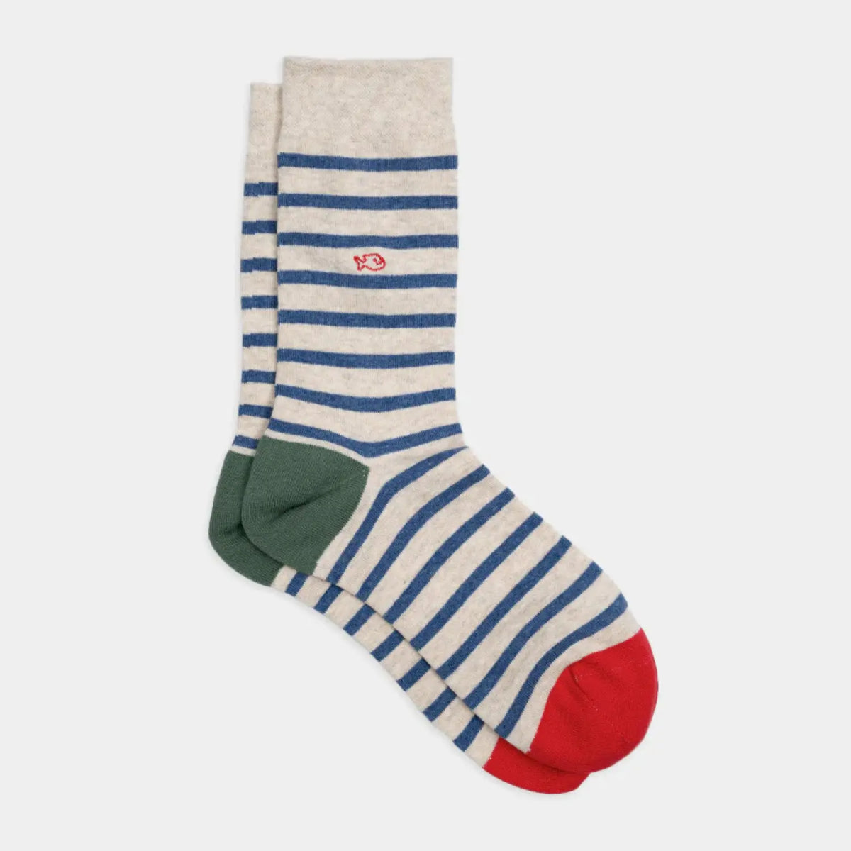 Chaussettes Billybelt à rayures beige et bleu, talon vert et pointe rouge, paire à plat