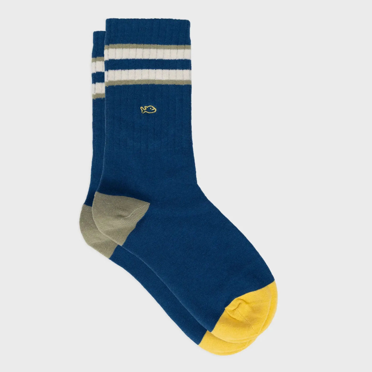 Chaussettes côtelées bleu pétrole, double bande ivoire soulignée de kaki, talon kaki et pointe jaune.