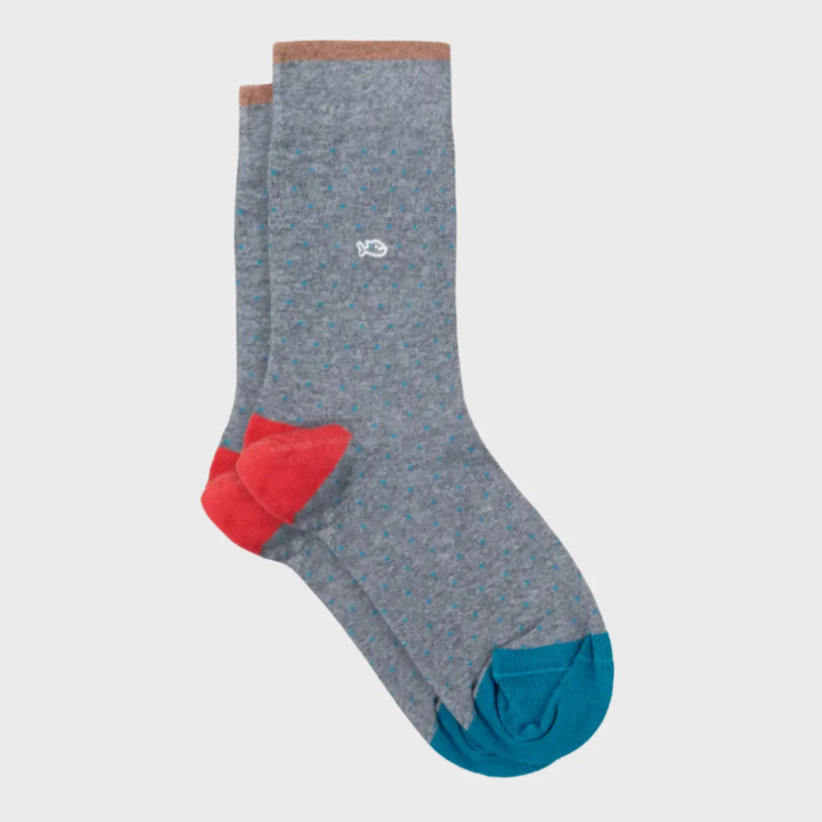Chaussettes gris chiné semées de micro-carrés bleu canard, talon rouge corail et pointe bleu canard.