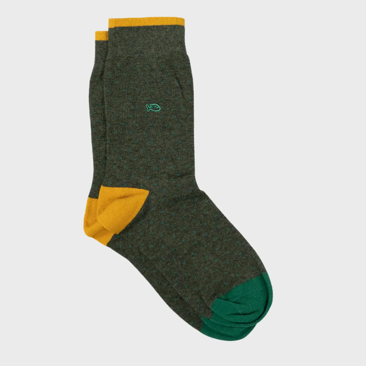 Chaussettes kaki chiné à micro-carrés vert sapin, liseré et talon moutarde, pointe vert émeraude.