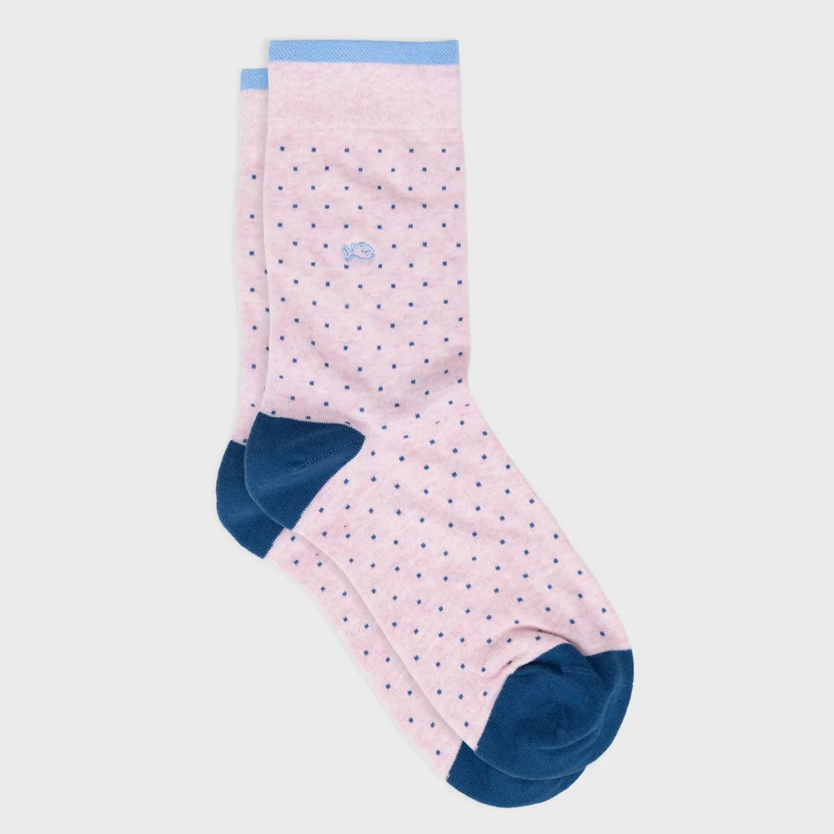 Chaussettes rose pâle chiné à micro-carrés Bleu Marine, liseré bleu ciel, talon et pointe bleu canard.