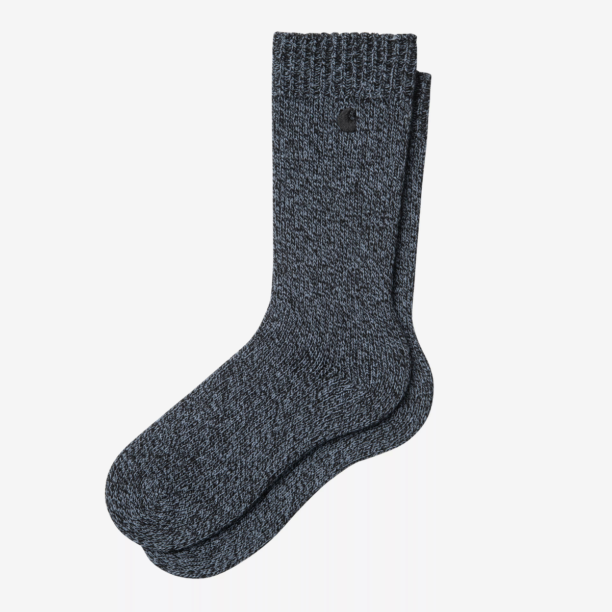 Chaussettes Tony Carhartt WIP en maille chinée bleu ardoise et noir, paire posée à plat, logo C brodé