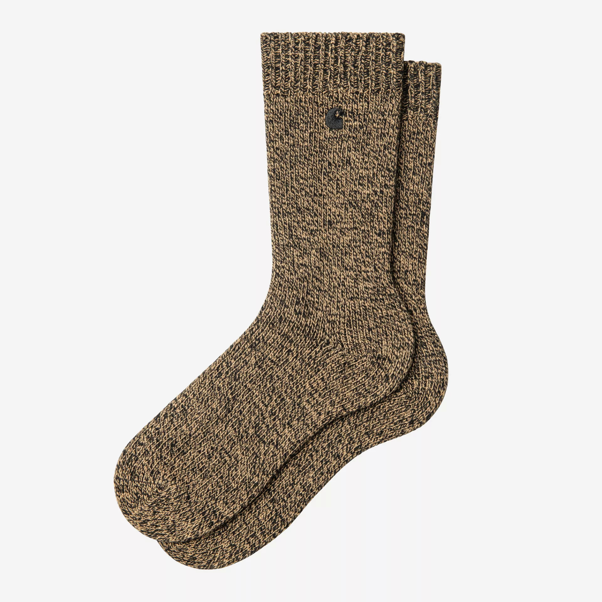 Chaussettes Tony WIP Dusty H Carhartt WIP - paire en maille côtelée mouliné camel et noir, logo C brodé à la cheville