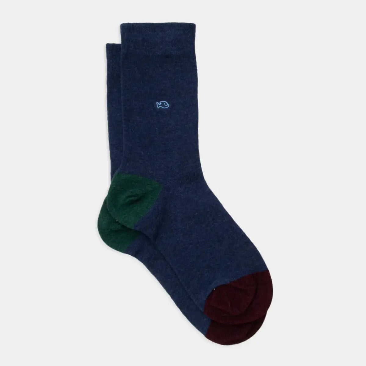 Chaussettes unies bleu marine Billybelt, talon vert et pointe bordeaux, paire à plat