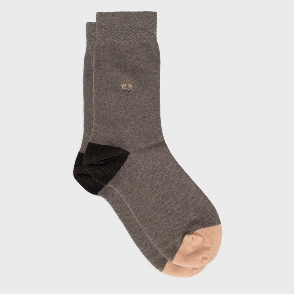 Paire de chaussettes marron taupe chiné à plat, talon chocolat et pointe rose pêche
