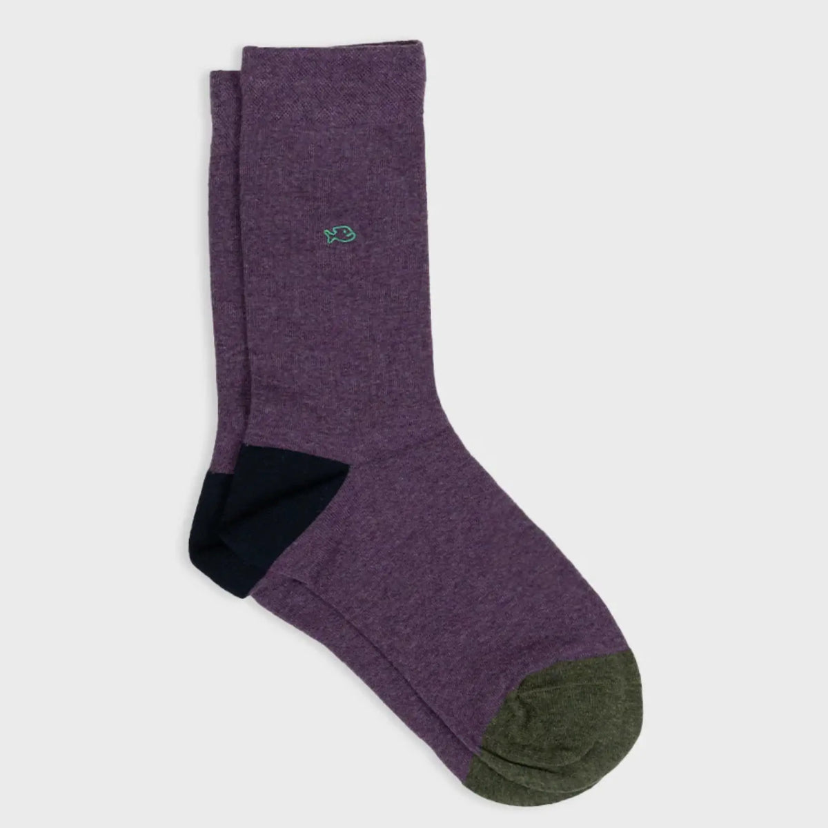Paire de chaussettes violet prune chiné à plat, talon bleu marine et pointe kaki