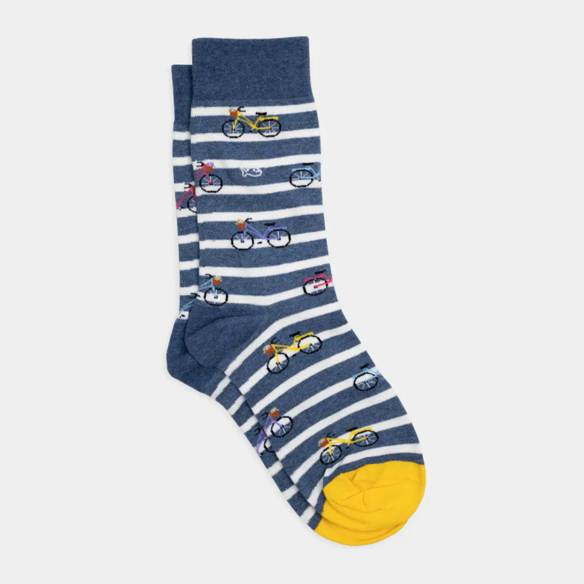 Chaussettes Billybelt à motif vélos colorés sur rayures marinière bleu et blanc, paire à plat