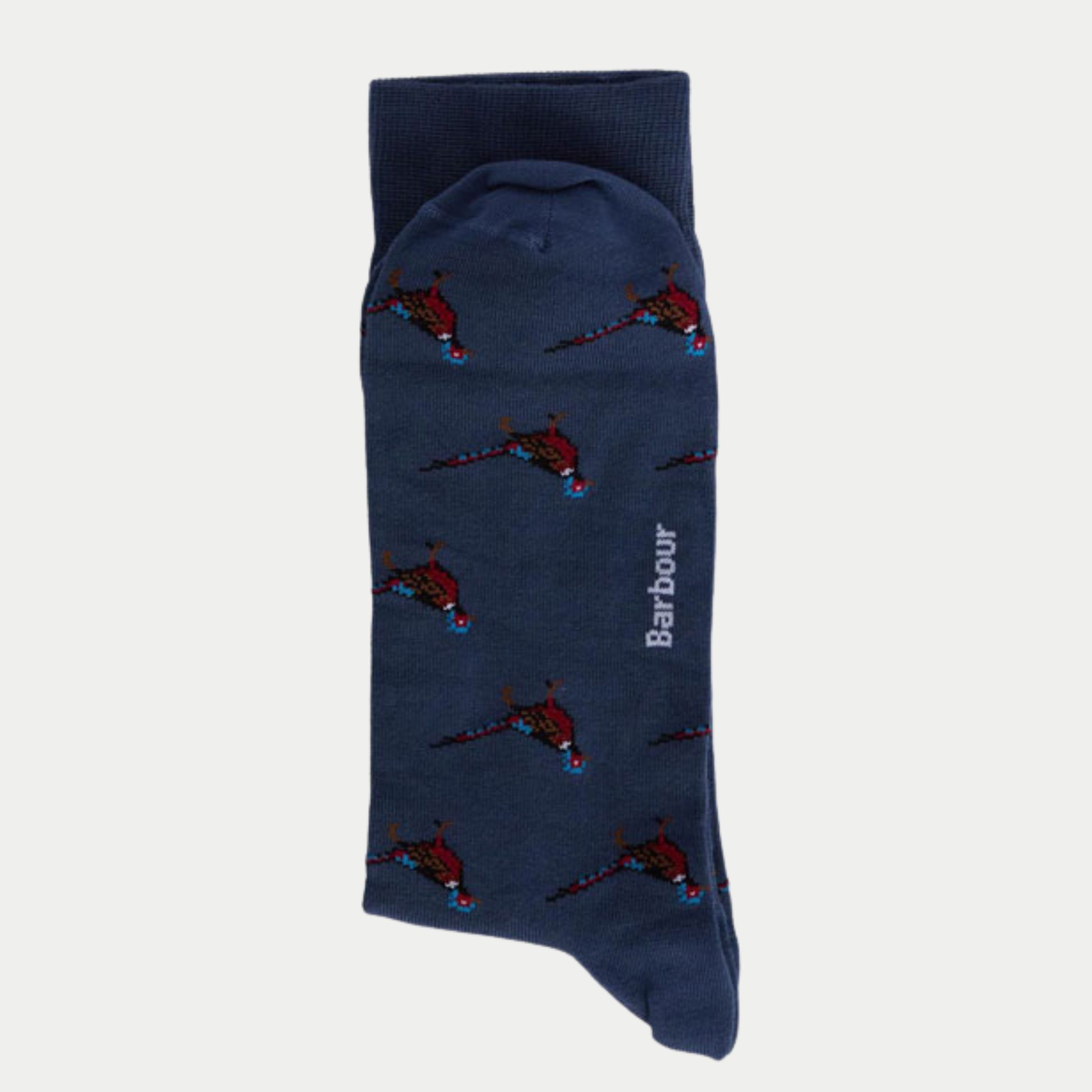 Chaussette Mavin marine repliée, faisans sur toute la tige et logo Barbour tricoté en blanc sur le côté