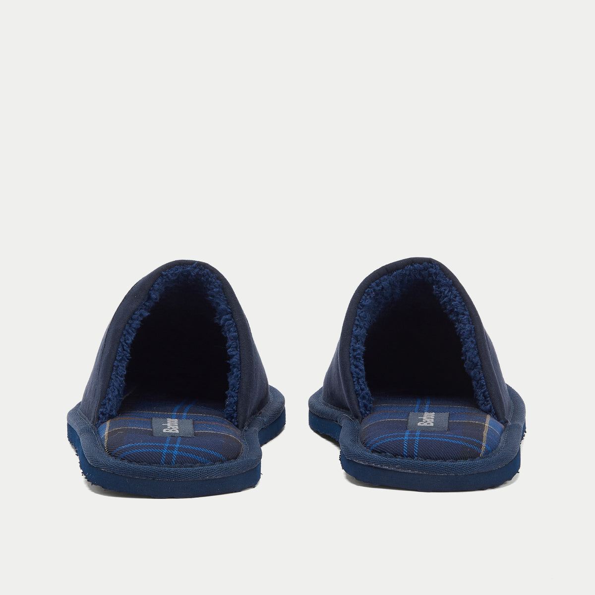 Chaussons Everitt marine Barbour vus de dos, talon ouvert, doublure sherpa bleue et première tartan