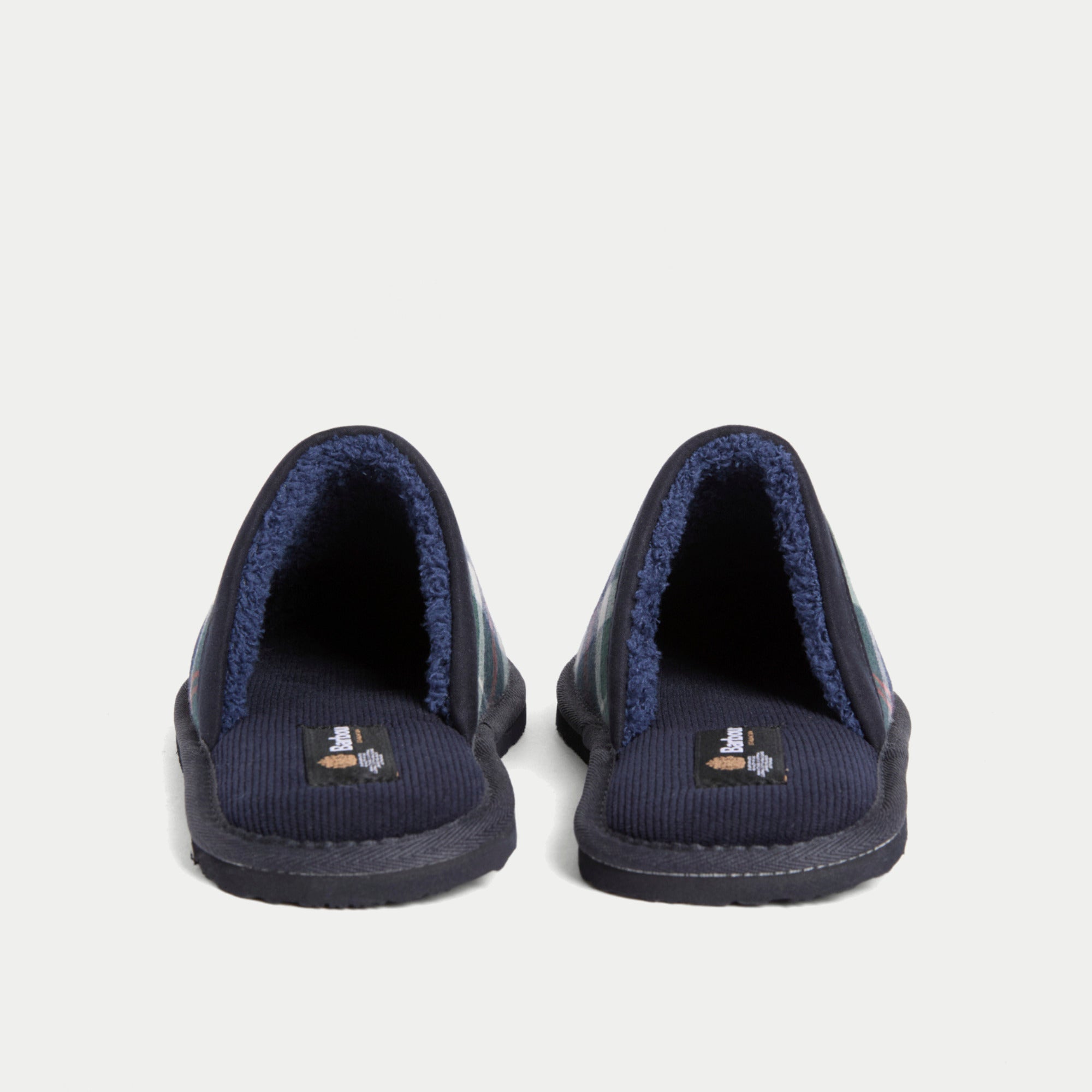 Chaussons Everitt Tartan Barbour de face, talon ouvert, col bordé de bouclette sherpa marine et première en velours côtelé