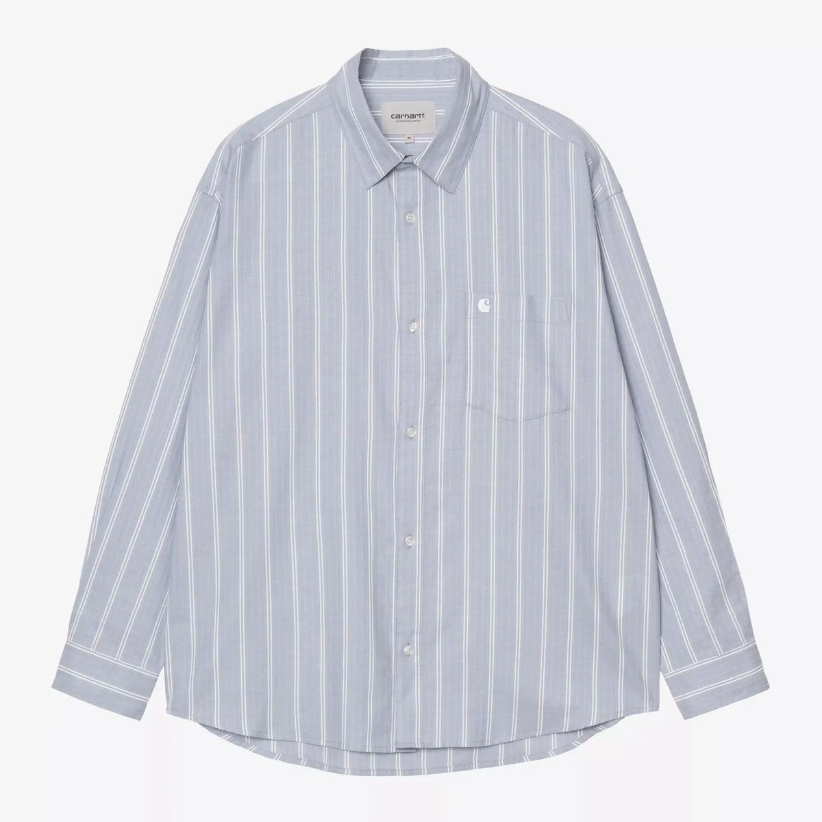 Chemise Beale bleu gris pâle à rayures blanches verticales, col pointes, poche poitrine et logo brodé