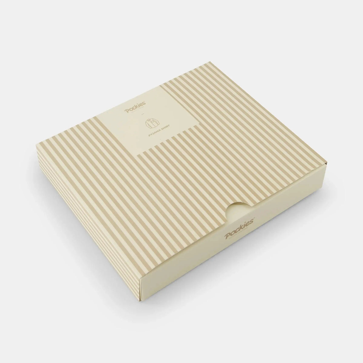 Coffret cartonné Pockies rayé beige et crème, fermeture à tiroir, vu de trois quarts