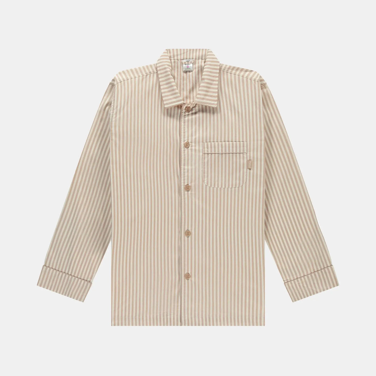 Chemise de pyjama à rayures beige sur fond écru, col arrondi, boutons ton sur ton et poche poitrine