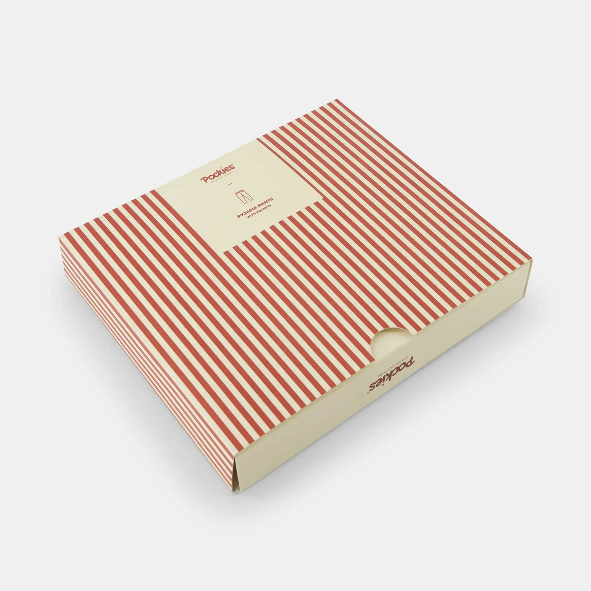 Coffret cartonné Pockies rayé terracotta et crème, couvercle à tiroir vu en diagonale