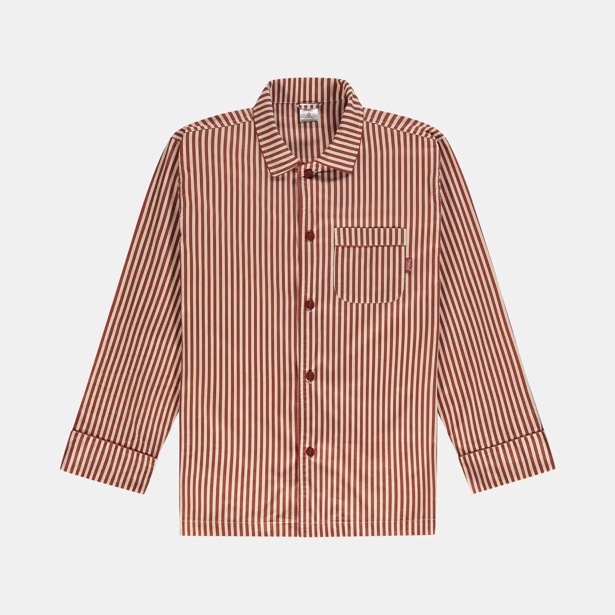 Chemise de pyjama à rayures terracotta sur fond crème, col arrondi, boutons ton sur ton et poche poitrine