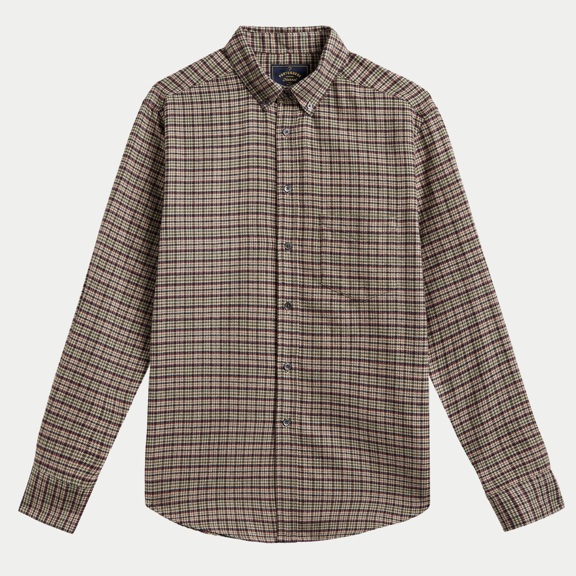 Chemise Feno en flanelle à micro-carreaux beige, olive et bordeaux, vue de face