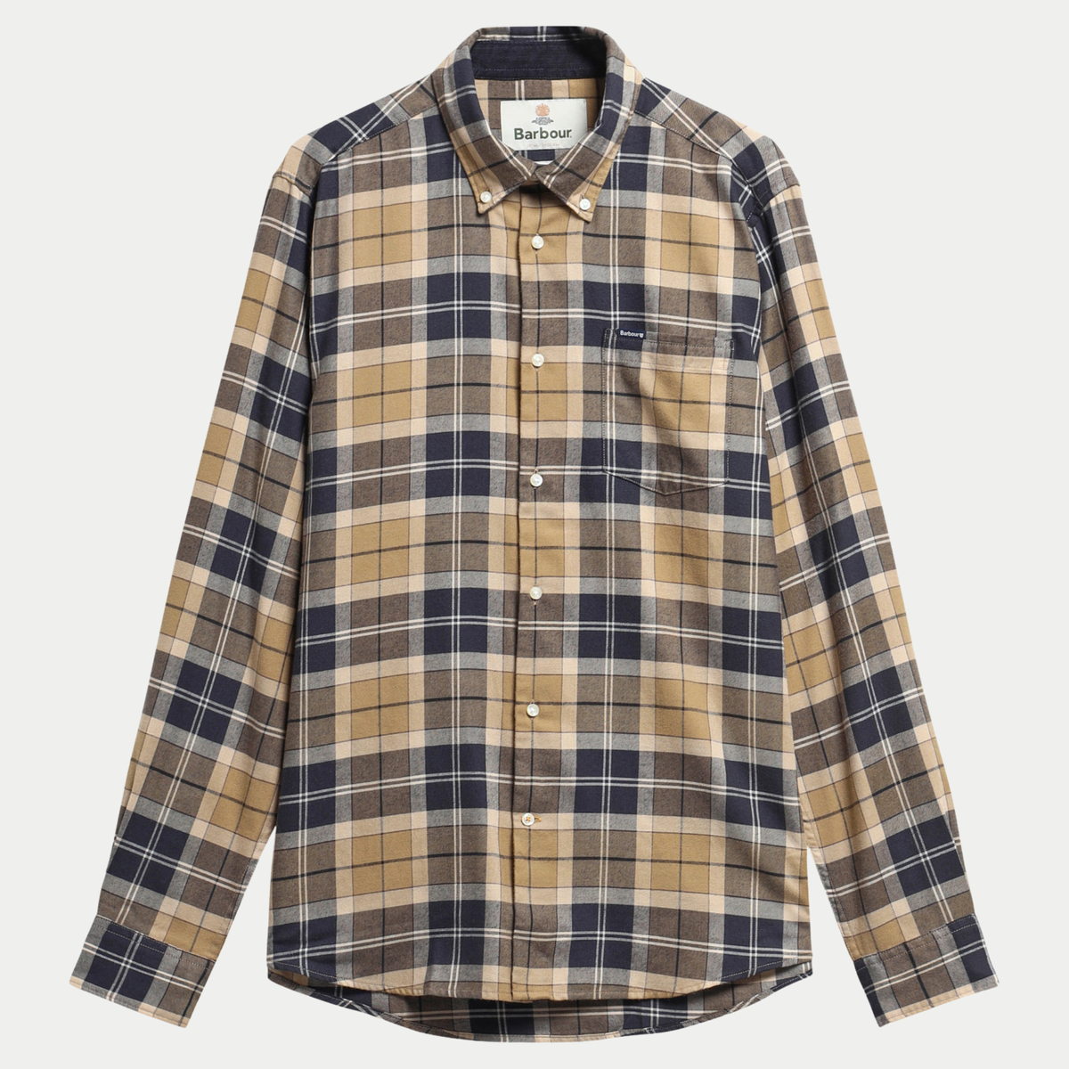Chemise Barbour Fortrose en tartan Birchwood Dress beige camel et marine, col boutonné, vue de face à plat
