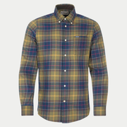 Chemise Barbour Fortrose en Classic Tartan olive et marine à filets rouge et jaune, col boutonné, vue de face à plat