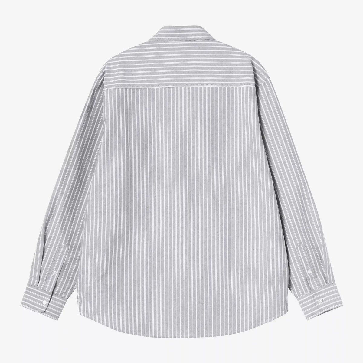 Dos à plat de la chemise Kanan gris chiné rayée blanc : empiècement d'épaule aux rayures en travers