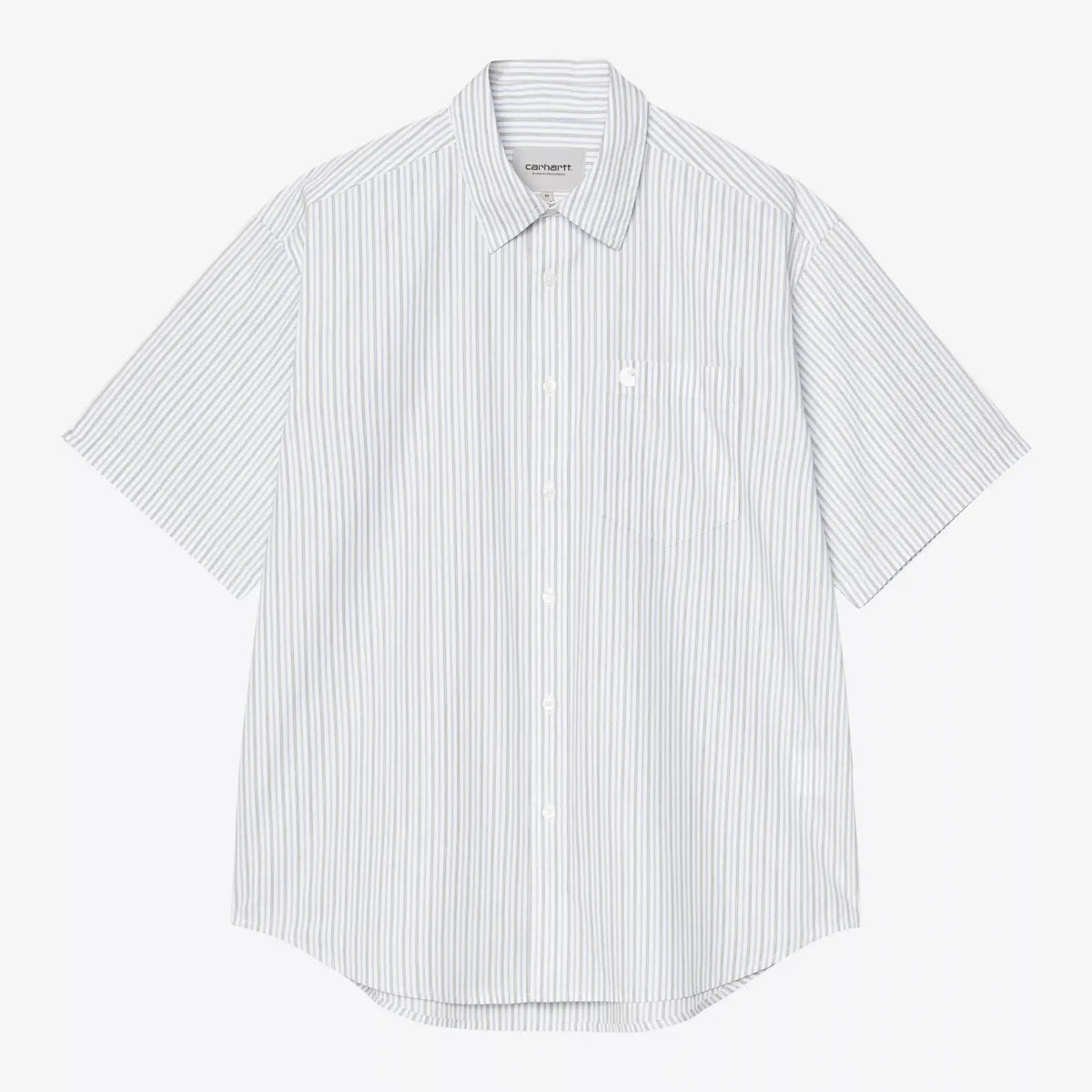 Chemise Keene à fines rayures grises sur fond blanc, à plat : manches courtes, poche poitrine et logo ton sur ton