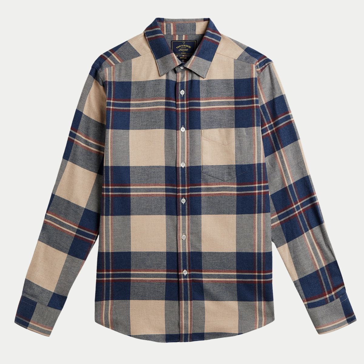Chemise Lurdes en flanelle à grands carreaux sable et bleu marine, vue de face