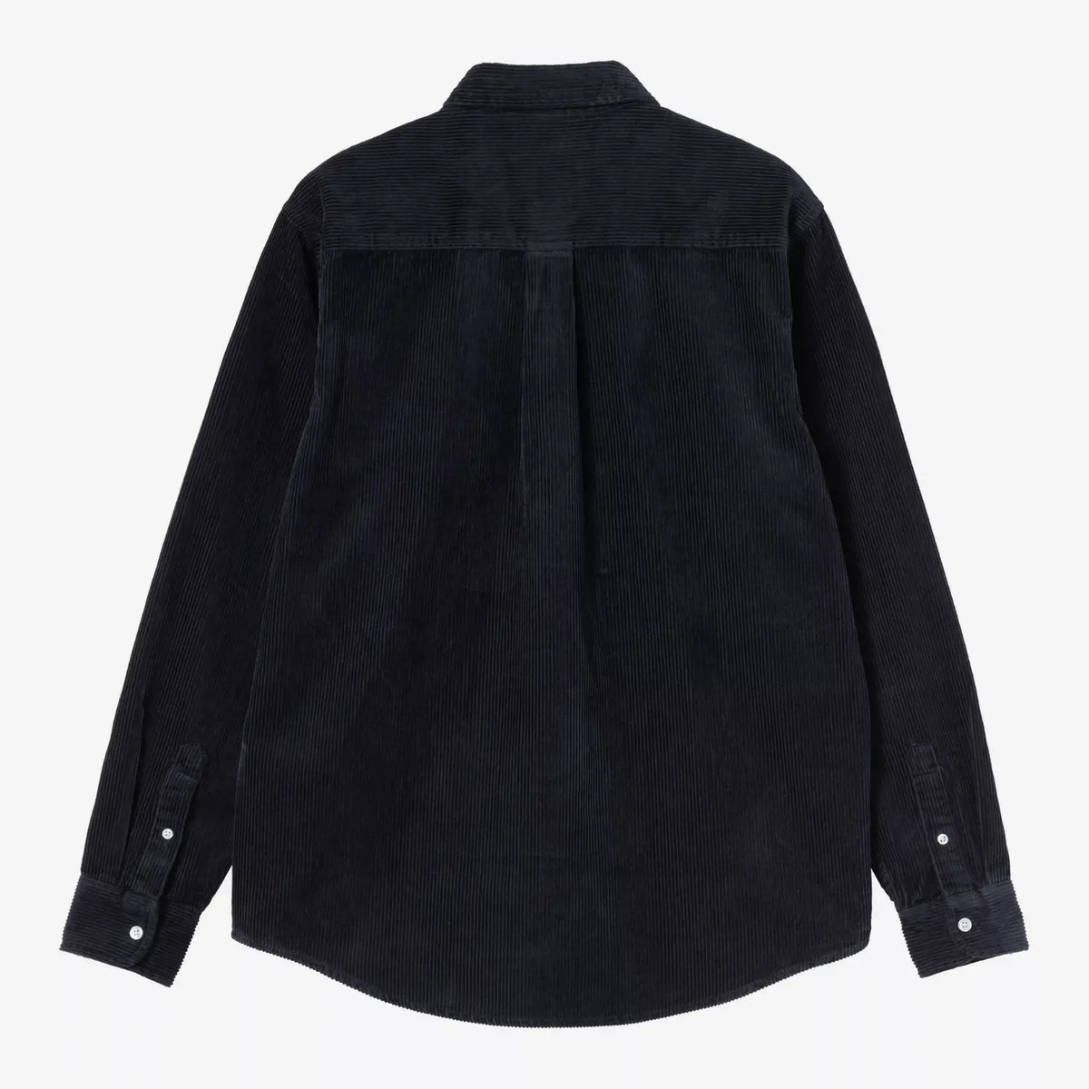 Dos à plat de la chemise Madison en velours côtelé bleu marine, empiècement d'épaule et pli creux central