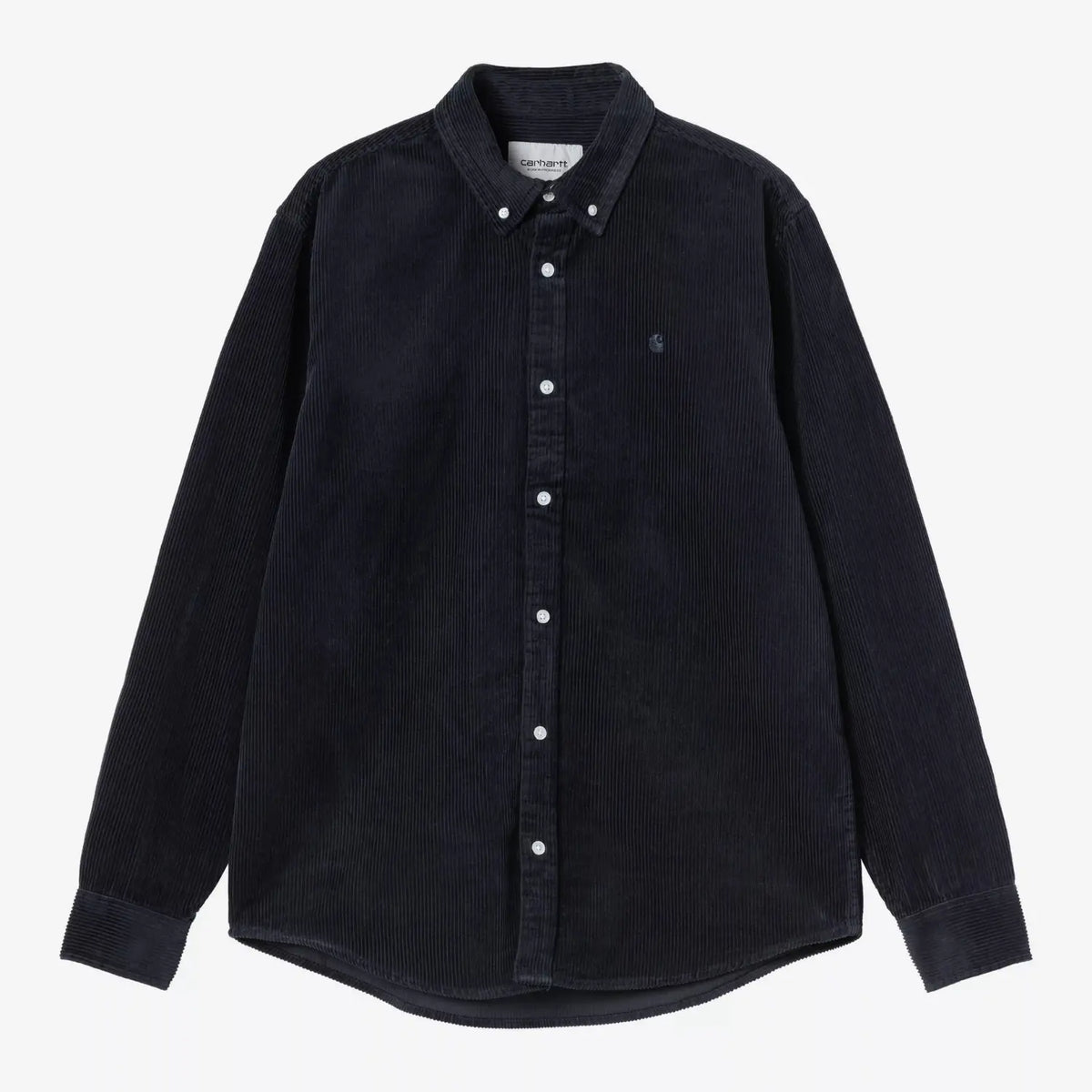 Chemise Madison en velours côtelé bleu marine à grosses côtes, à plat de face, col boutonné et boutons blancs