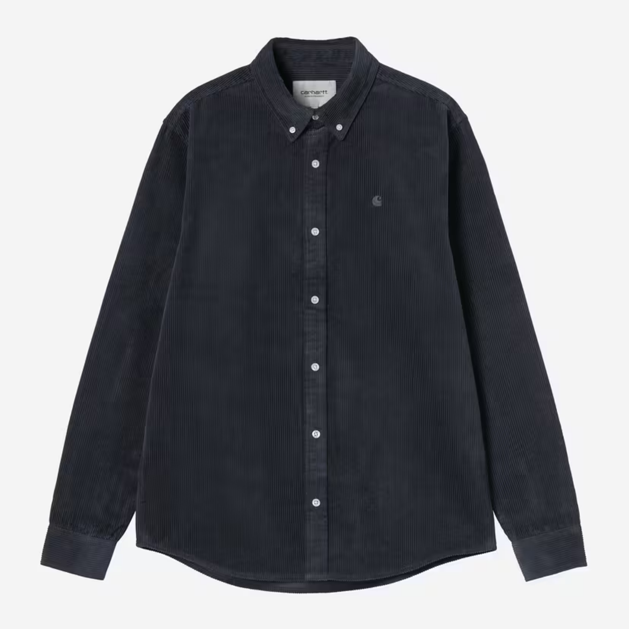 Chemise Madison Carhartt WIP en velours côtelé bleu marine Dark Navy, vue de face à plat, col boutonné et logo C ton sur ton
