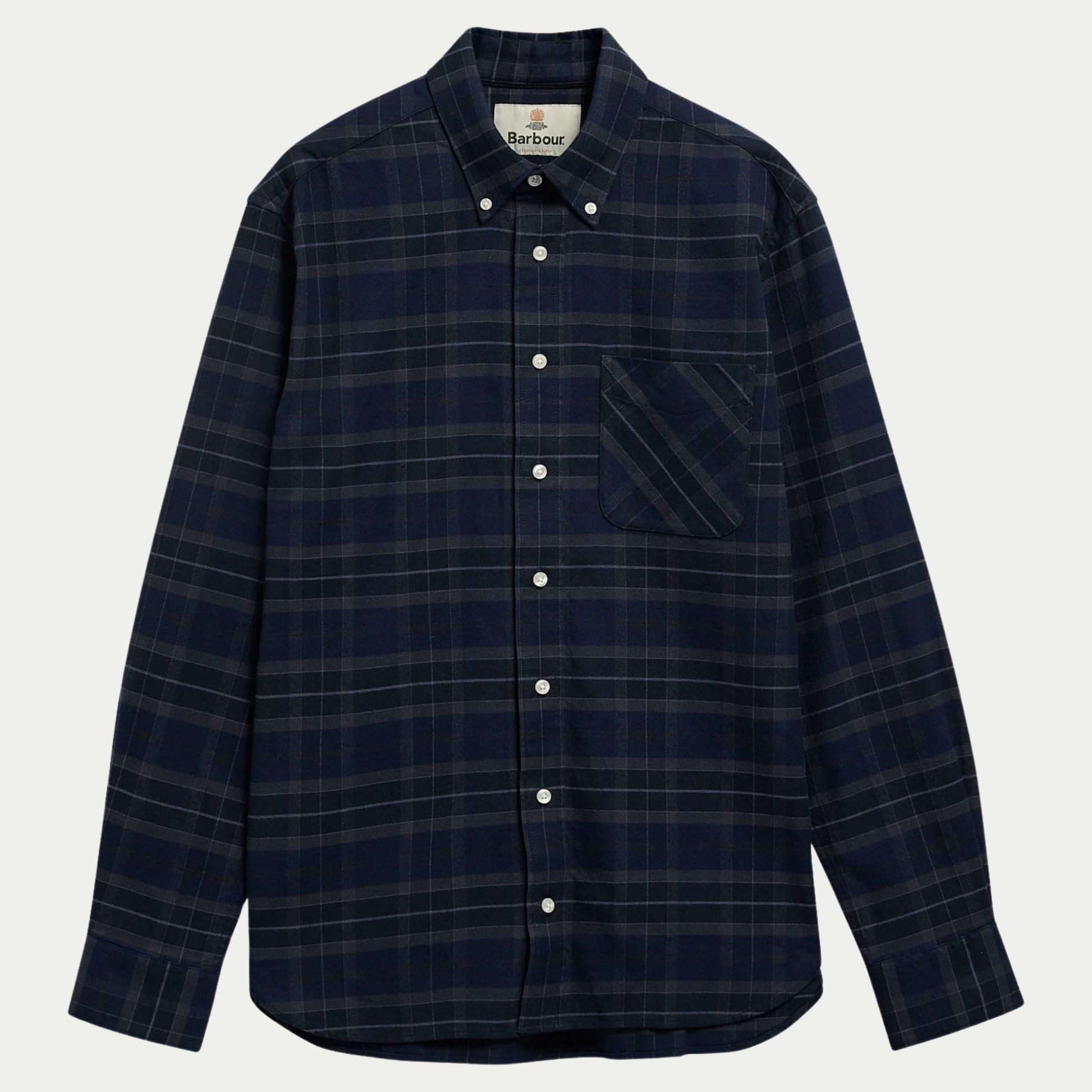 Chemise Barbour Mineral Tartan Midnight Loch, tartan marine ton sur ton et poche coupée en biais, vue de face à plat