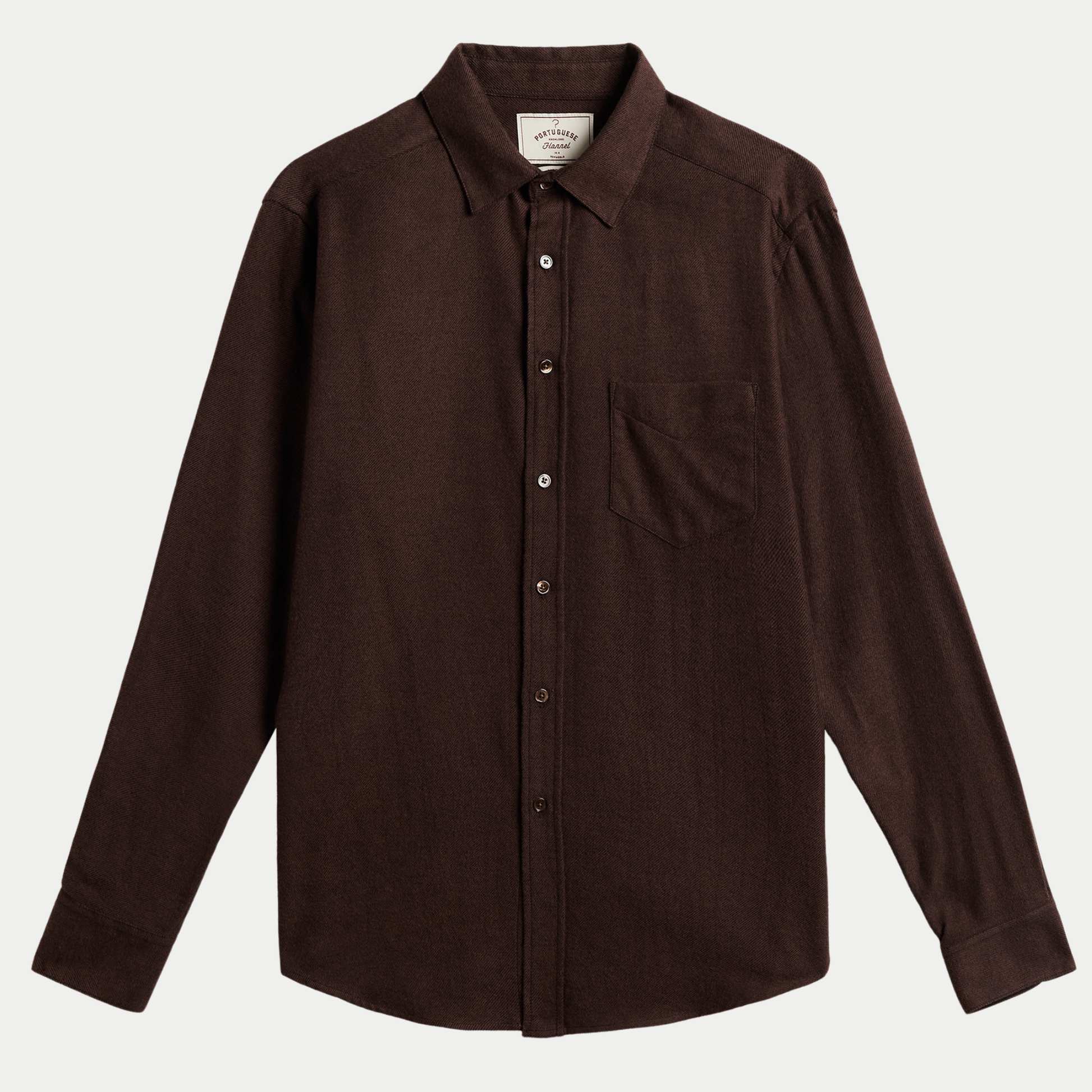 Chemise Teca en flanelle sergé brun chocolat, vue de face à plat
