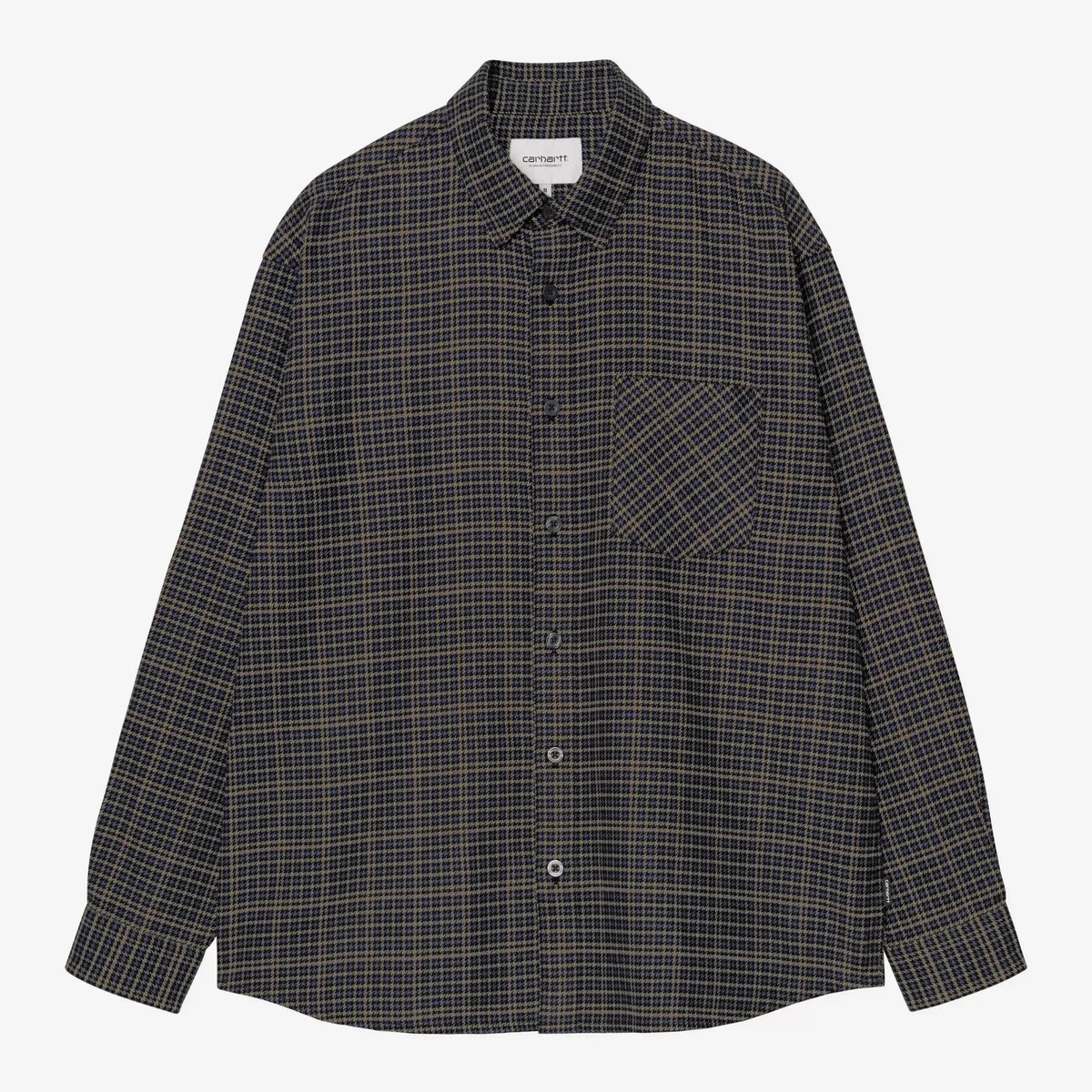 Chemise Todrick Carhartt WIP à plat, micro pied-de-poule kaki et noir sur carreau marine, col à pointes