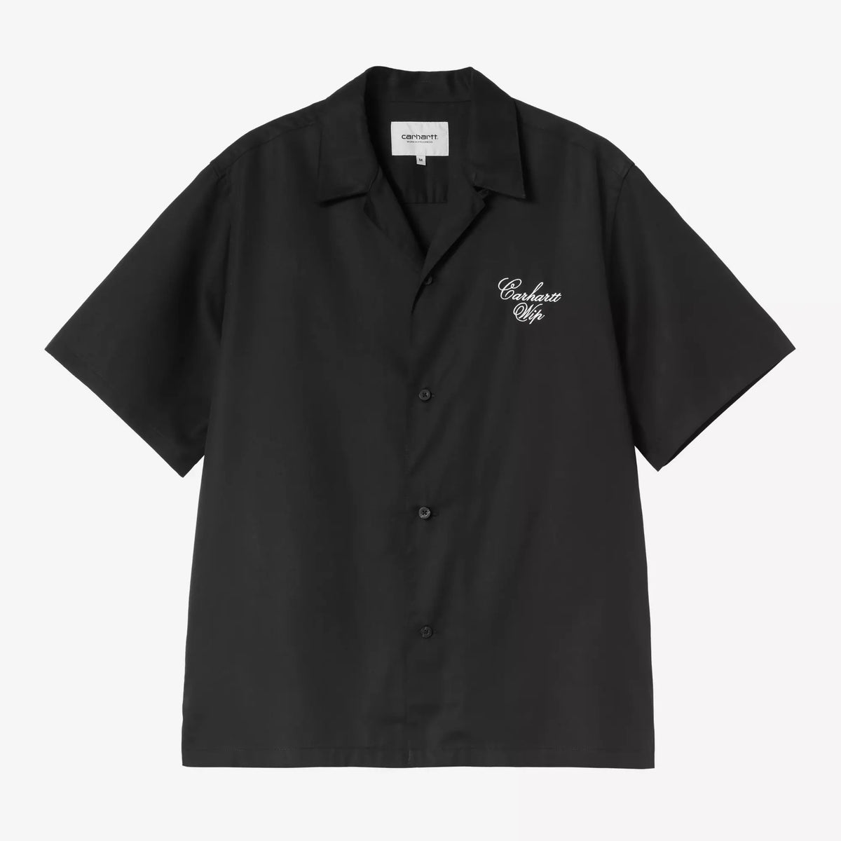 Chemise Travon Carhartt WIP noire à plat, col bowling ouvert et script brodé blanc sur la poitrine