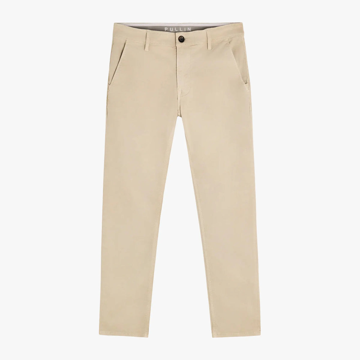 Chino Dening Bonewhite à plat, toile beige écru, braguette boutonnée et poches cavalières