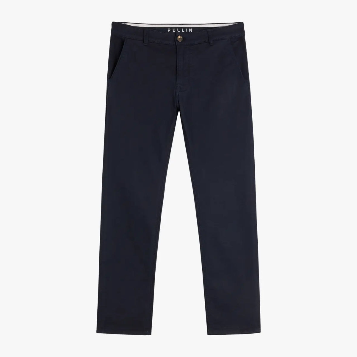 Chino Dening Indigo25 à plat, toile bleu marine, ceinture griffée PULLIN et braguette boutonnée