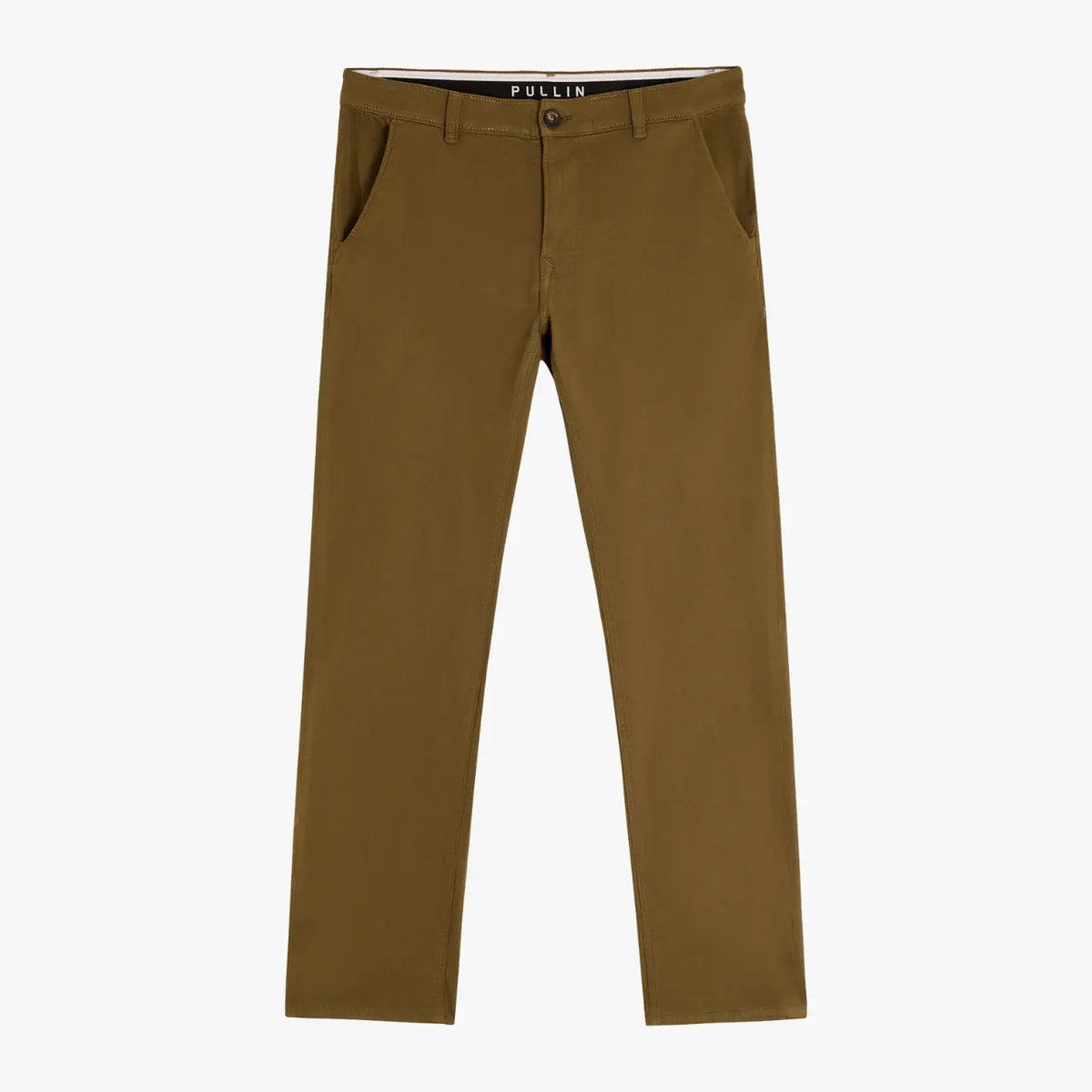 Chino Dening Otter à plat, toile kaki bronze, poches cavalières et bouton métal vieilli